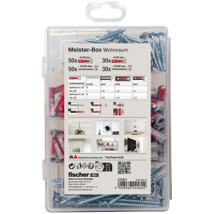 Fischer Meister-Box Wohnraum mit 160 Dübeln und Schrauben, sortiert in transparenter Kunststoffbox.
