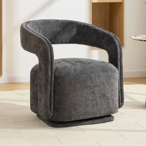 Grauer Chenille Drehsessel, 360 Grad drehbar, für Wohnzimmer & Leseecke. Moderner Loungesessel mit strukturierter Oberfläche.