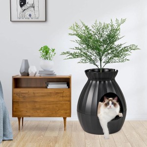 Schwarze Costway Katzentoilette in Topfpflanzenform mit Katze, 63L, mit Geruchsentfernung.