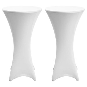Zwei weiße Beautissu Stella Stehtischhussen aus Stretchstoff für runde Tische ø 60 cm, mit eleganter Passform und verstärkten Füßen.