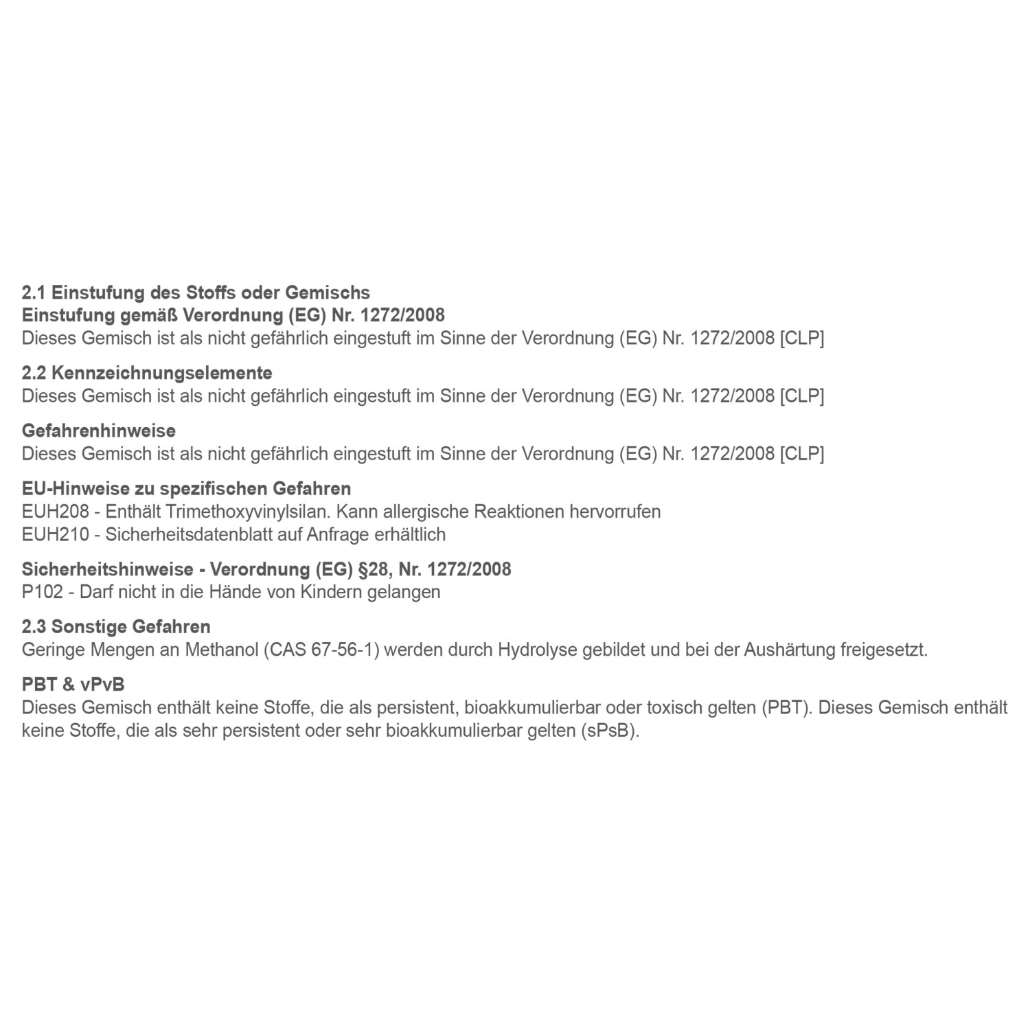Sicherheitsdatenblatt-Ausschnitt mit Gefahren- und Sicherheitshinweisen.