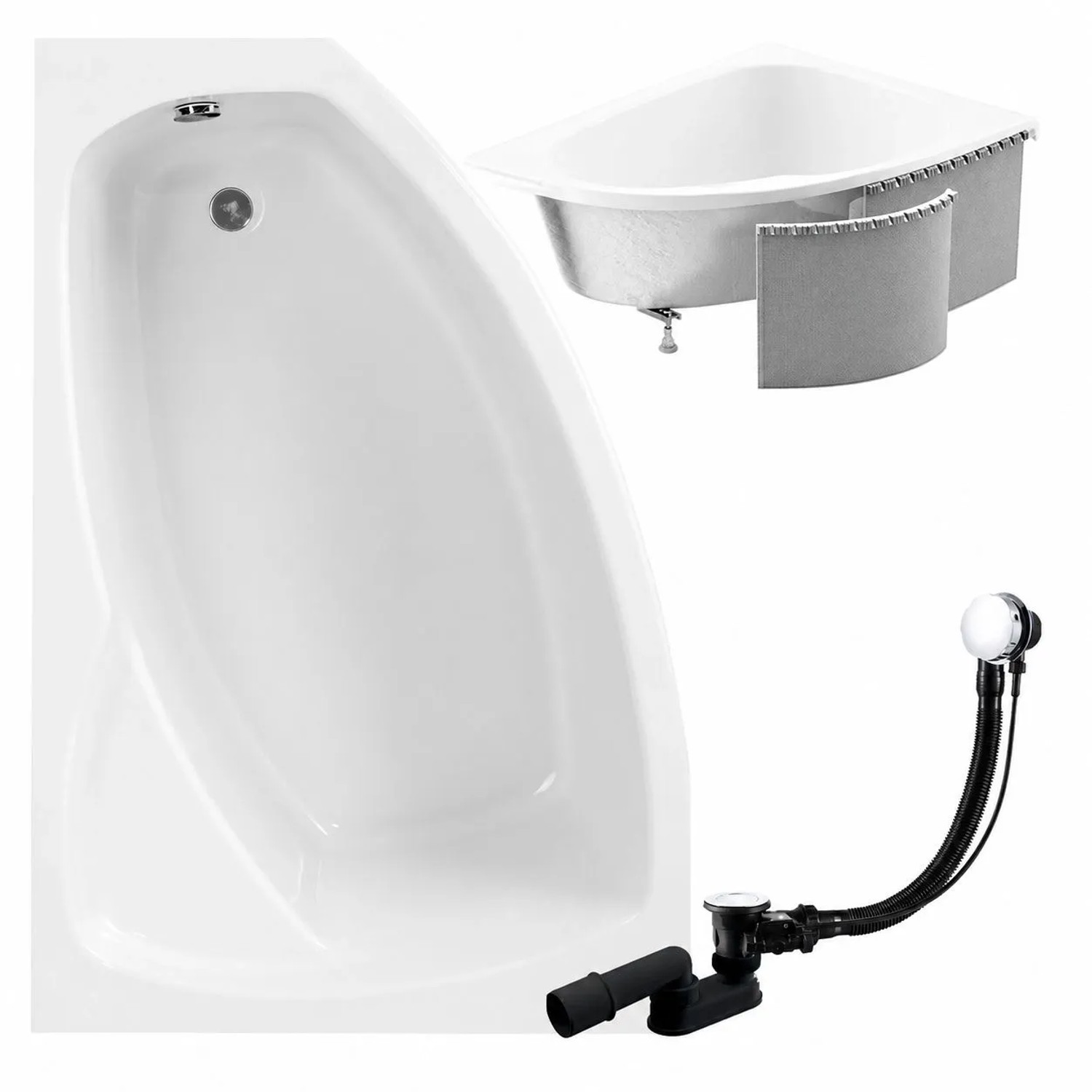 KOLMAN Badewanne Eckwanne 140 x 90 Cm Links Mit Styroporverkleidung Inkl. Ablauf Und Füße