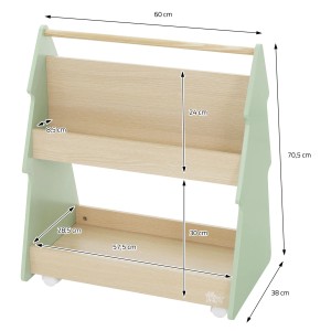 Joyz Kinder Bücherregal, Tannenbaum Design, grün-natur, 2-seitig, aus Holz, mit Rollen und Maßangaben.