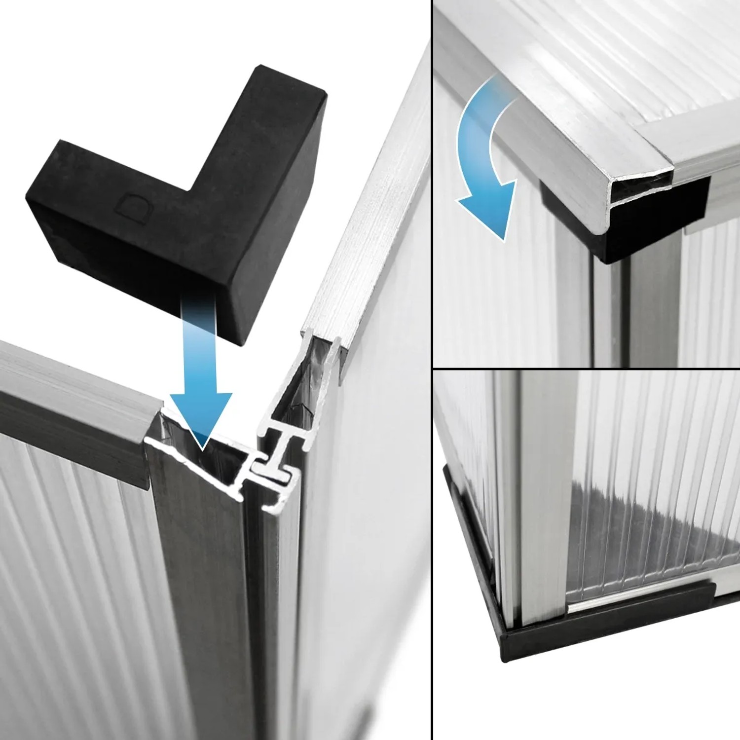 Detailaufnahme des Alu Frühbeet Gewächshauses: Eckverbinder und Aluminiumrahmen.