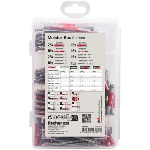 Fischer Meister-Box Outdoor mit 130 Dübeln und Schrauben, sortiert in transparenter Kunststoffbox.