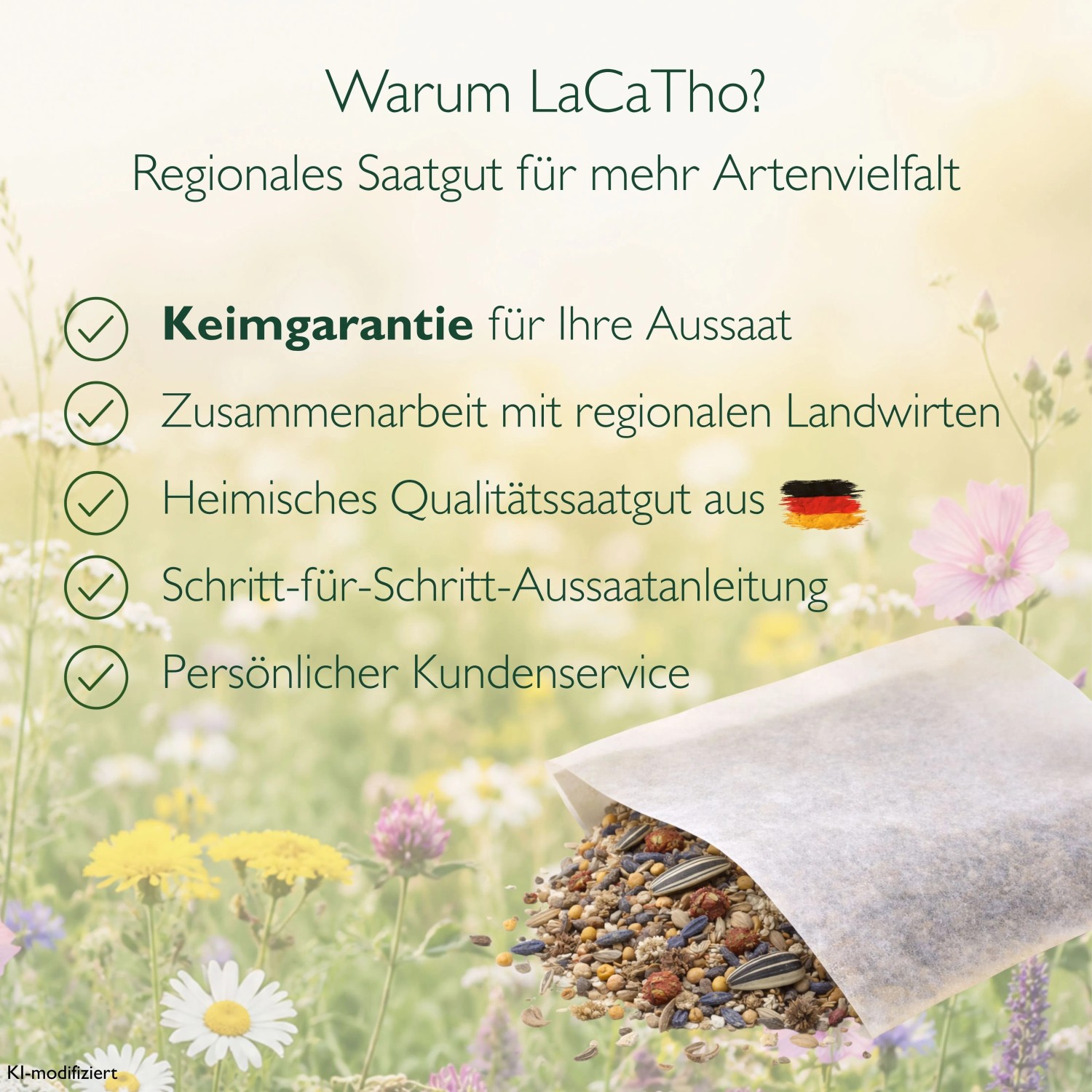 LaCaTho Bienenweide Samen in Papiertüte auf Blumenwiese. Vorteile: Keimgarantie, Qualität aus Deutschland.