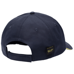Marineblaues Uncle Sam Cap mit gelber Paspel, verstellbarem Verschluss. Stylische Arbeitskleidung.