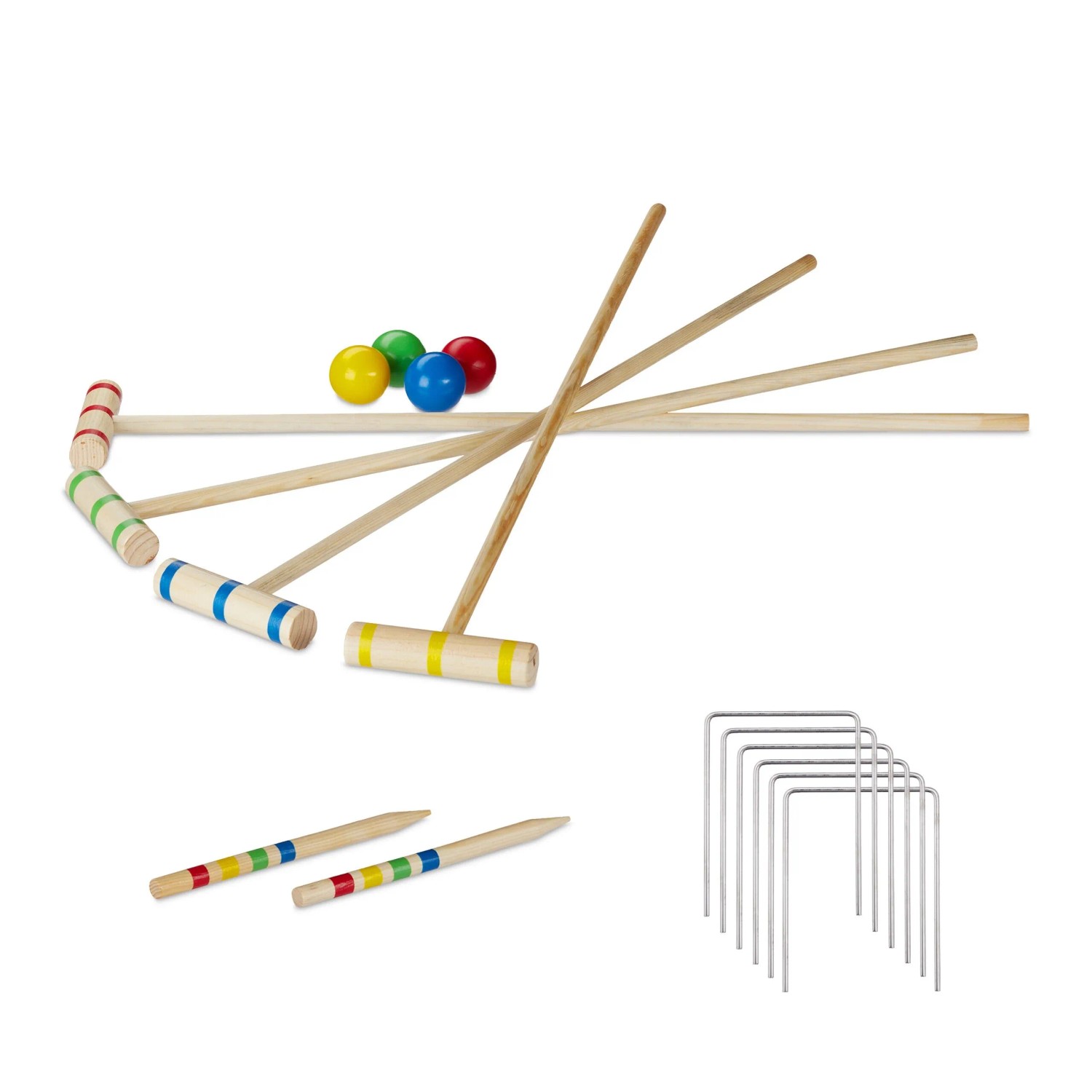 Relaxdays Krocket Spiel Kiefernholz Eisen Natur Für 2 bis 4 Spieler 75 cm 0,9 kg