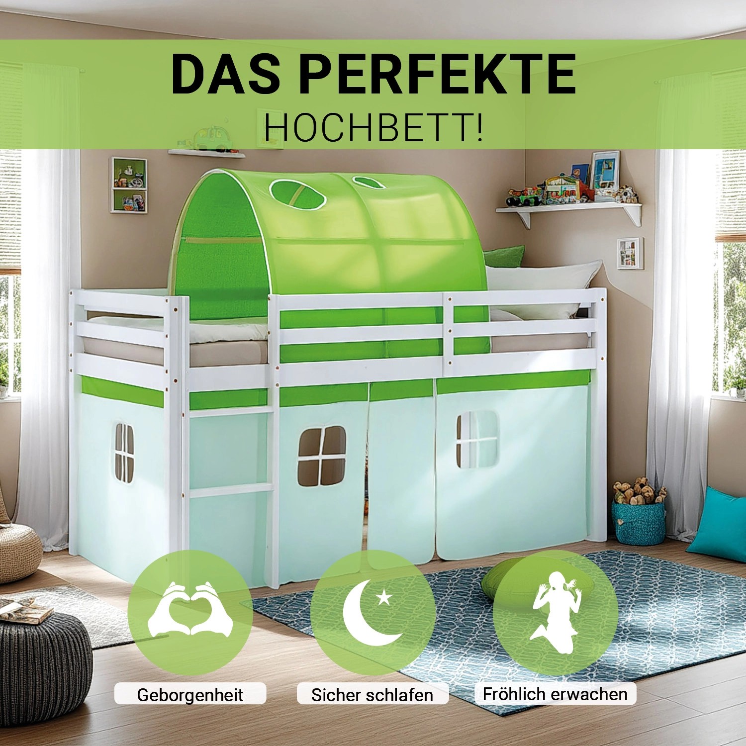 Homestyle4u Kinder Hochbett 90x200 mit grünem Tunnel und Vorhang. Weißes Kinderbett mit Matratze.