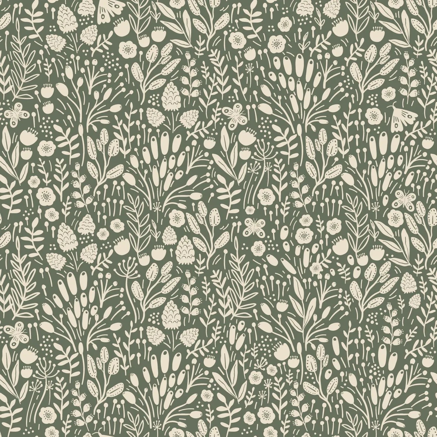 ESTAhome Vliestapete: Grünes Blumenmuster mit hellen Blättern, Blüten und Schmetterlingen. Dekorative Wandtapete.