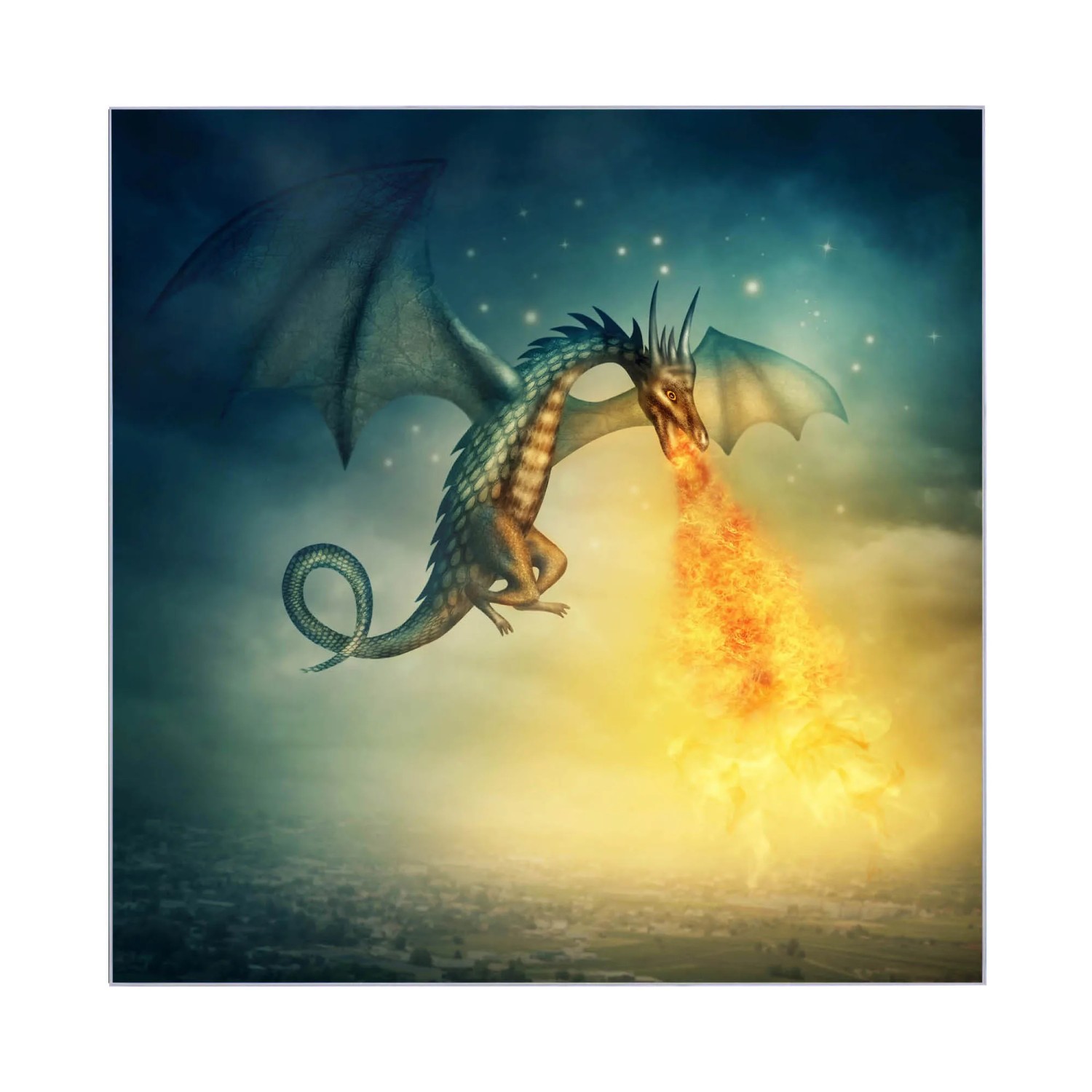 Schwarzer Glas-Schlüsselkasten 30x30 mit Drachen-Motiv, 50 Haken, magnetisch und beschreibbar.