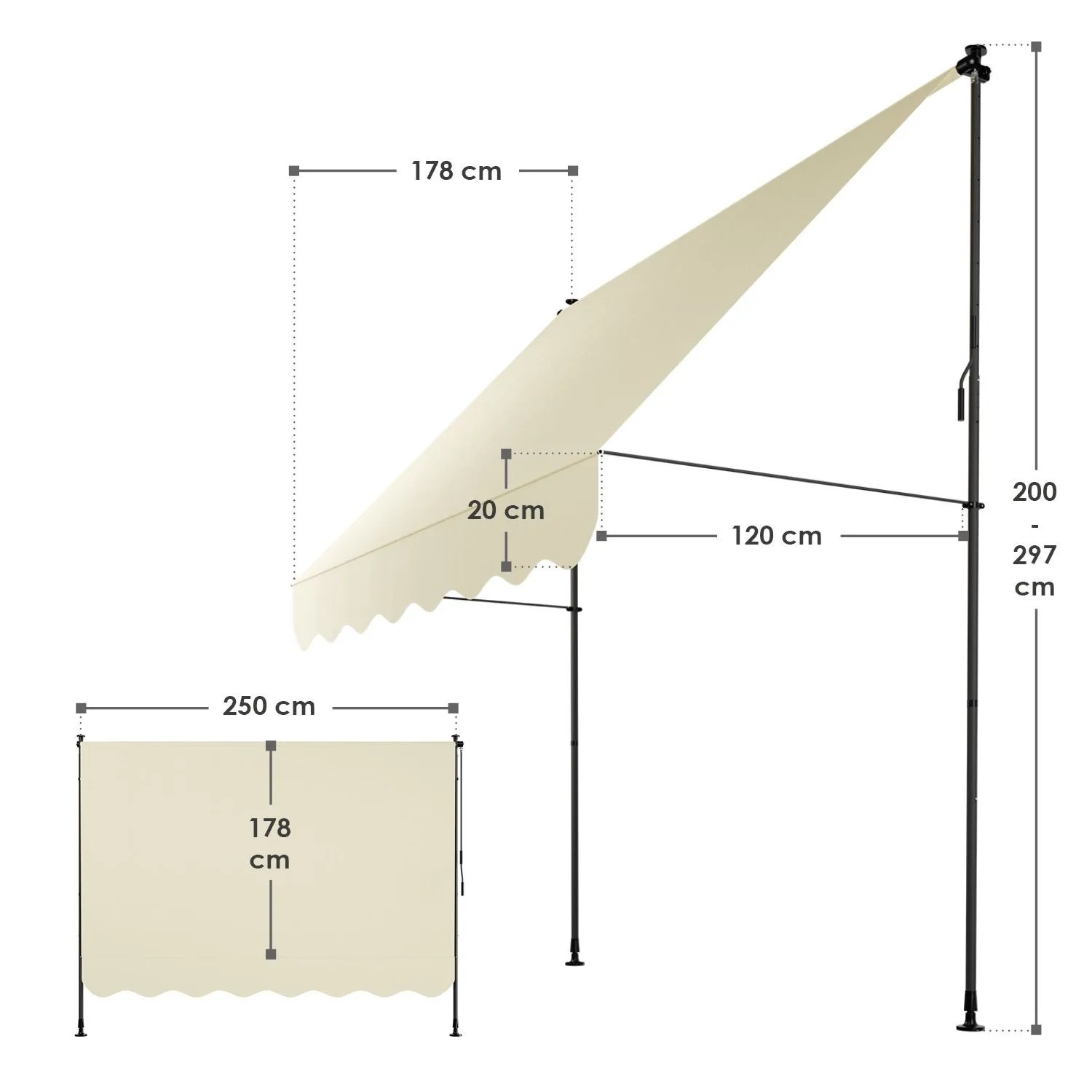 Juskys Klemmmarkise Kapstadt, 250x120 cm, Beige, mit Maßangaben für Montage und Größe.