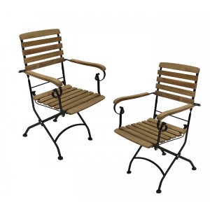 2er-Set Klappsessel: Gartenstühle mit Armlehnen aus Teakholz und schwarzem Stahl.