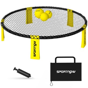 SPORTNOW Spikeball Set: Rundes Netz mit gelben Stützen, Bälle, Pumpe und Tragetasche.