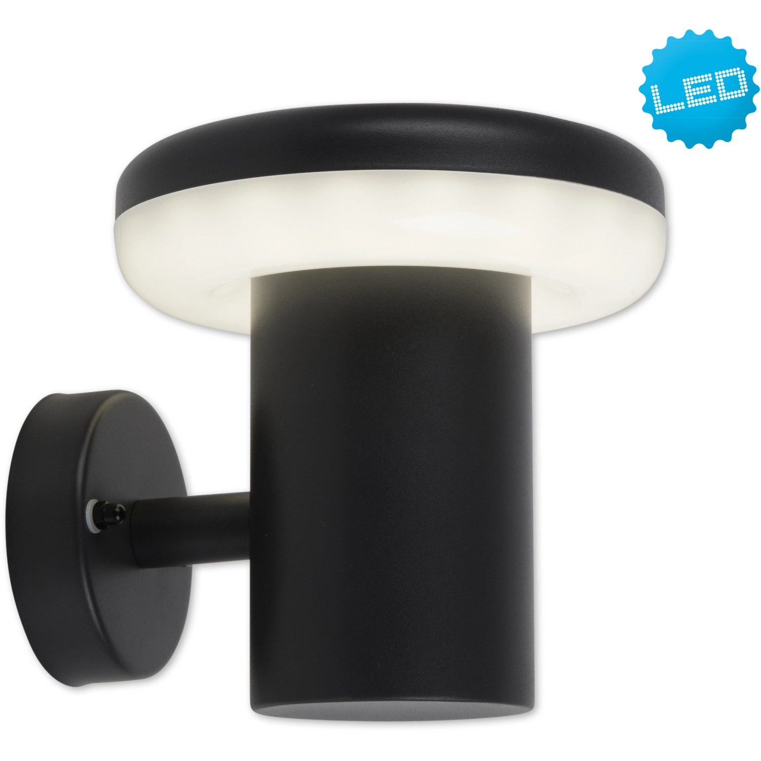 Schwarze LED-Wand-Außenleuchte im Pilzdesign für Garten und Wege.