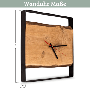 DELUKE Wanduhr Groß Holz EFFO HANDGEFERTIGT 37x37cm Eiche Geräuschlos Wohnzimmeruhr Holz-Metalloptik Küchenuhr Dekouhr