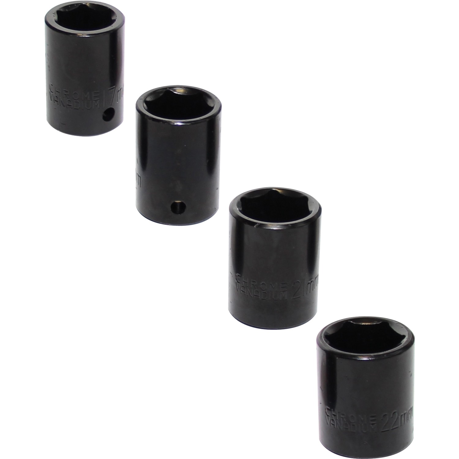 Einhell Druckluft Zubehör-Set, 4 schwarze Steckschlüssel in verschiedenen Größen.