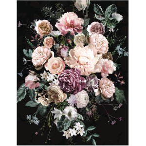 Komar Wandbild Charming Bouquet, 40x50 cm, mit Rosen und Pfingstrosen auf dunklem Hintergrund.