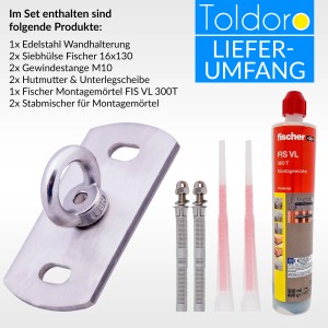 Toldoro Wandhalter Set: Edelstahl Halterung, Siebhülsen, Gewindestangen, Montagemörtel für Sonnensegel & Hängematten.