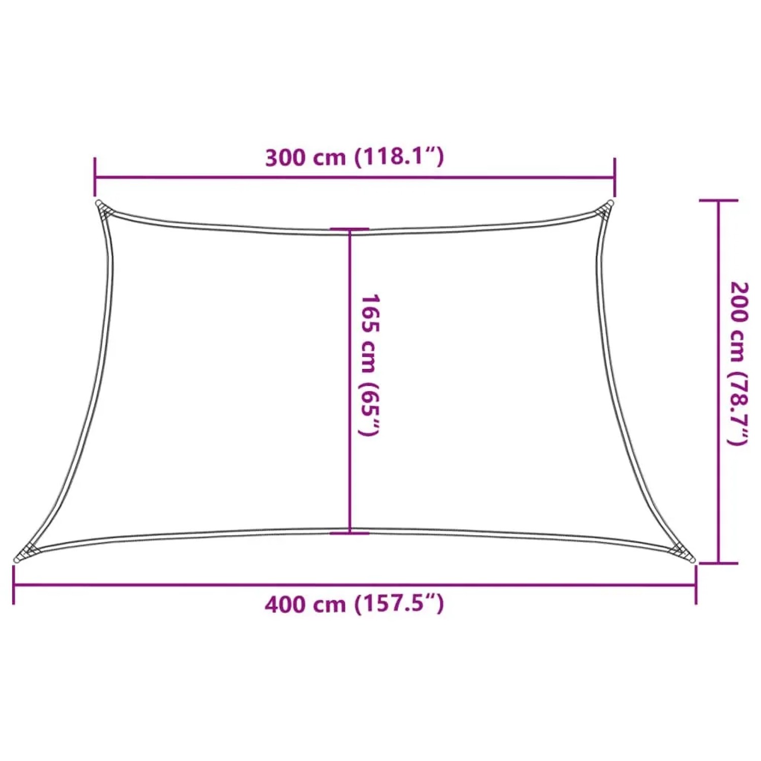 Maßzeichnung eines trapezförmigen vidaXL Sonnensegels aus HDPE, 300x400x165x200 cm.
