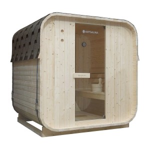 Artsauna Cube Fasssauna Nolvik L aus Fichte mit Glastür und Zubehör.