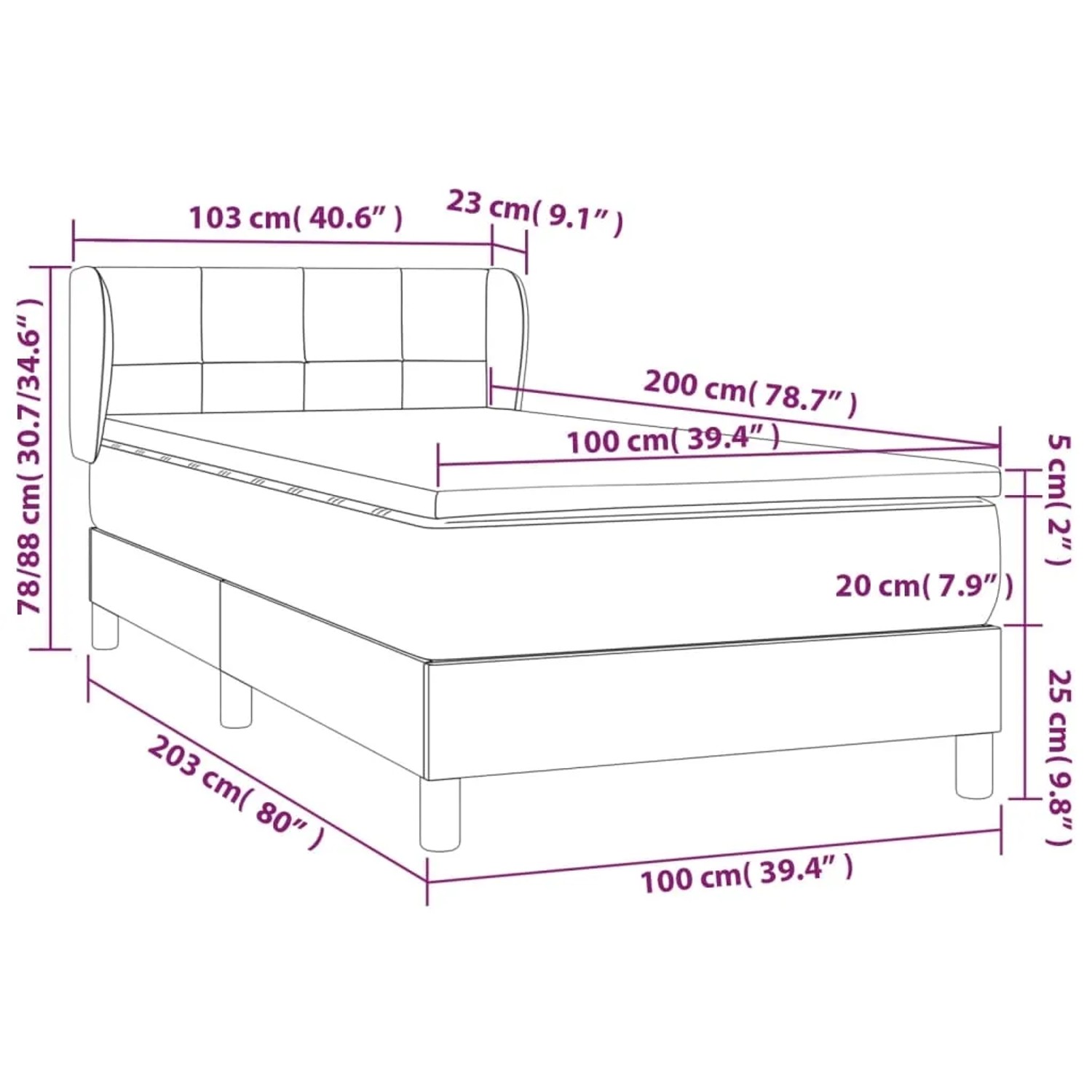 Skizze Boxspringbett Creme 100x200 cm mit Matratze und Kopfteil, Maße eingezeichnet.