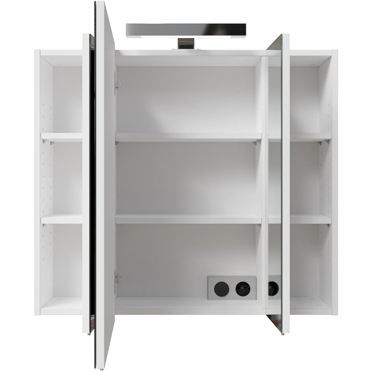 Offener Pelipal Spiegelschrank Quickset 312, weiß glänzend, mit Einlegeböden und Aufsatzleuchte.