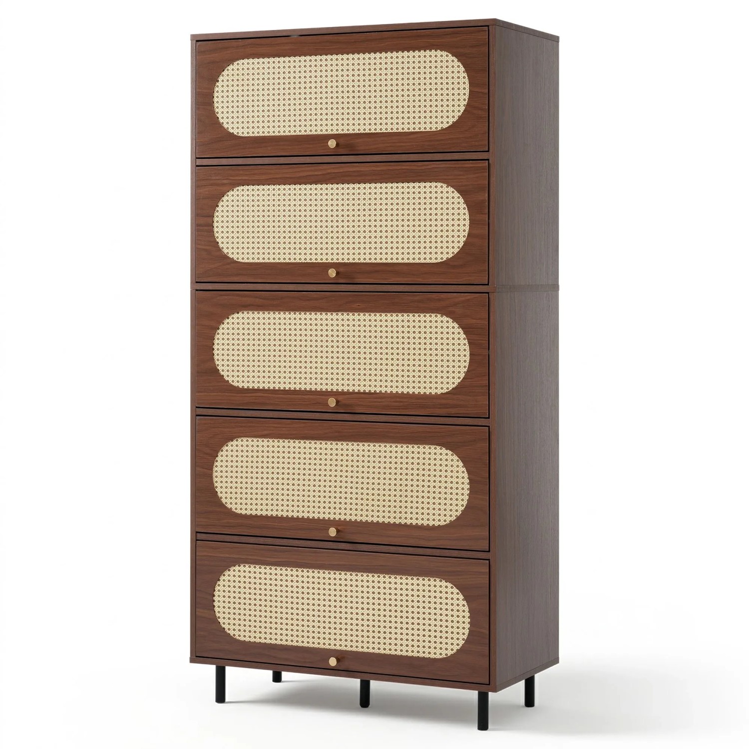 okwish Sideboard mit Rattan 5 Klappen Stauraum Wohnzimmer 80x40x163cm Braun