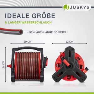Juskys Schlauchtrommel Basic, rot-schwarz, mit 30m Schlauch, Abmessungen der Trommel dargestellt.