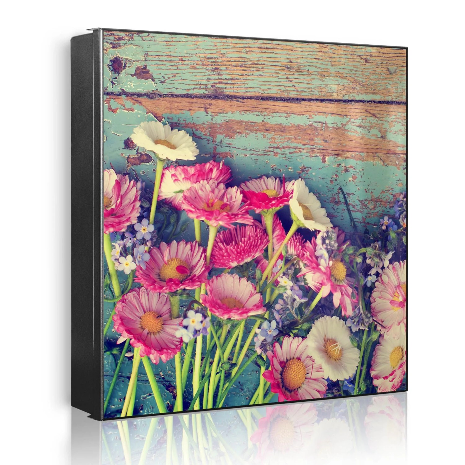 Banjado Großer Schlüsselkasten Metall 30x30cm Schwarz Scharnier Rechts 32 Haken Beschreibbar Magnetisch Motiv Blumenpfücken