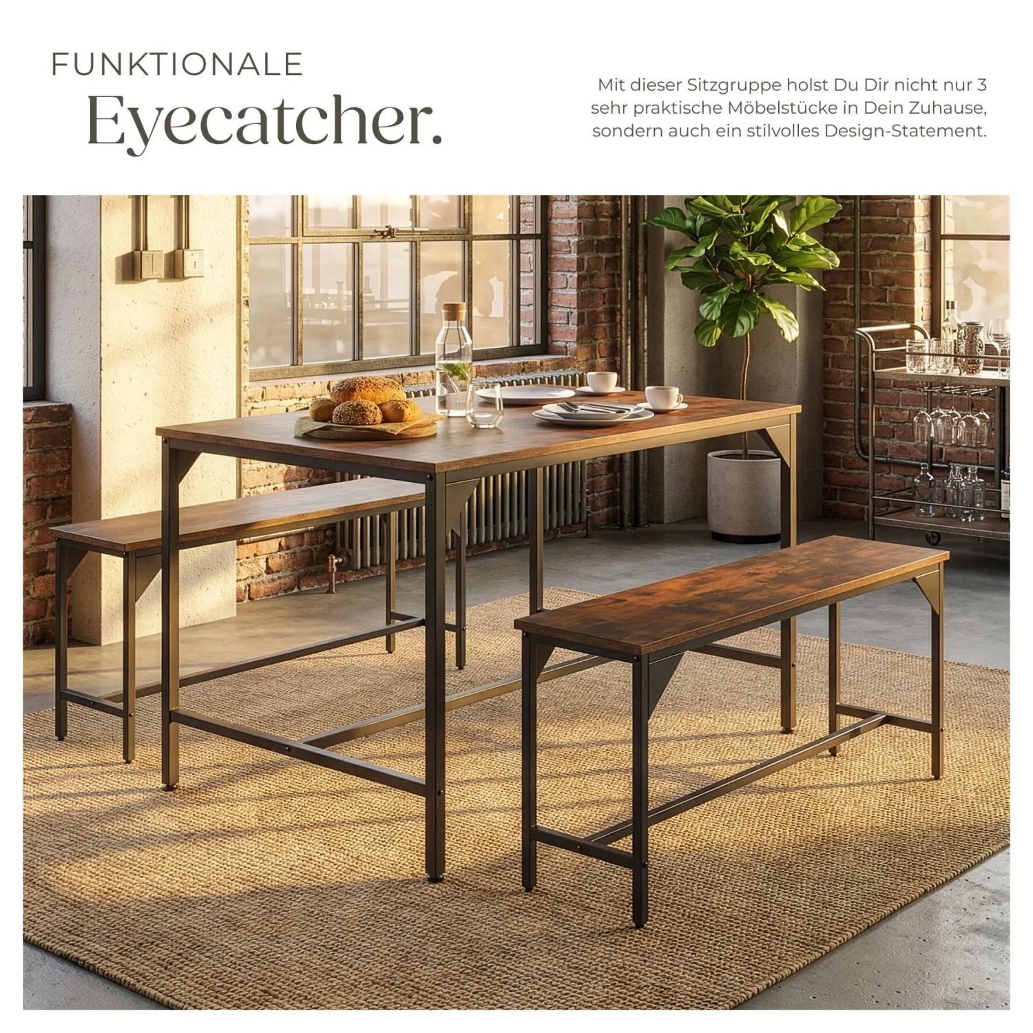 Tectake Sitzgruppe Bolton 3 Teilig Esstisch Mit 2 Sitzbänken  100 x 130 x 75 cm Industrial Holz Dunkel  Rustikal_4