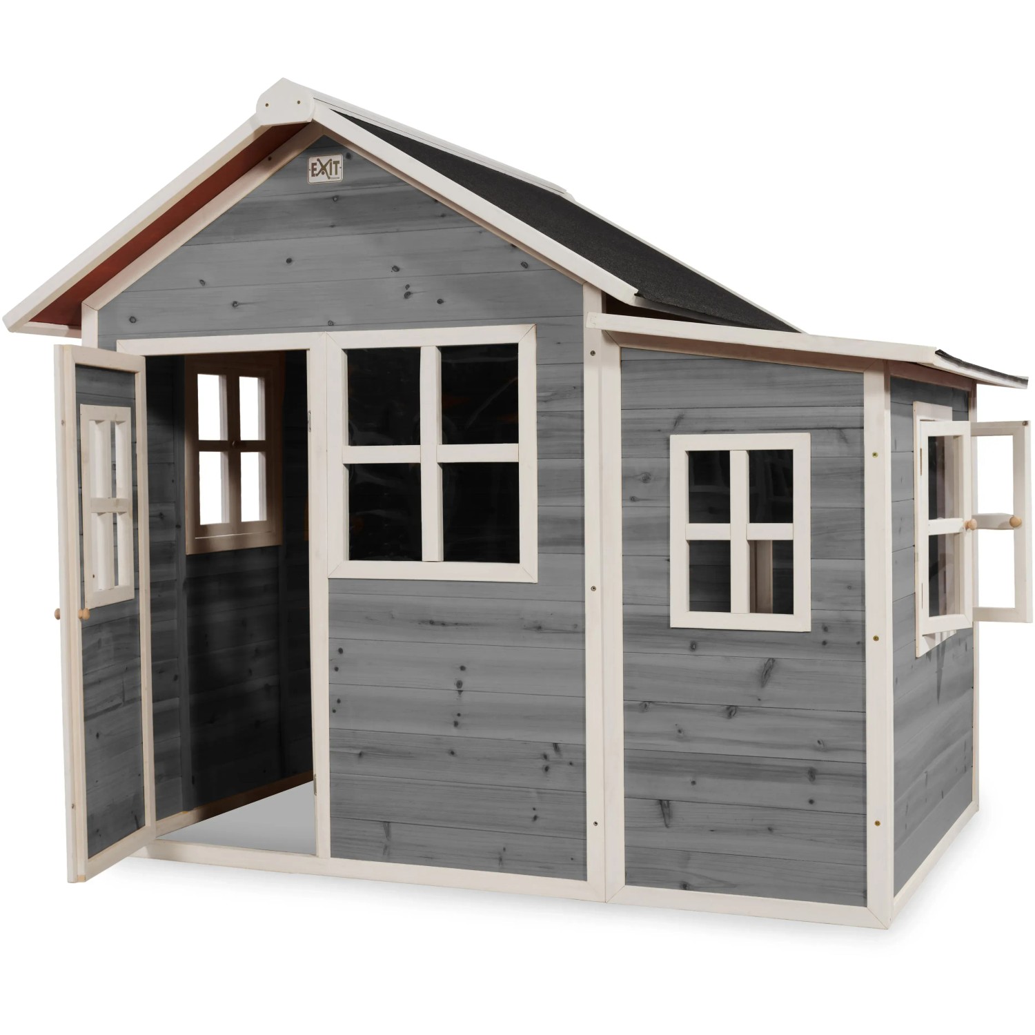 Graues EXIT Loft 150 Holzspielhaus mit geöffneter Tür und Fenster zum Aufklappen.