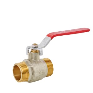 Kirchhoff Kugelhahn, 33,3 mm (1 AG) x 1 AG, aus vernickeltem Messing mit rotem Griff.