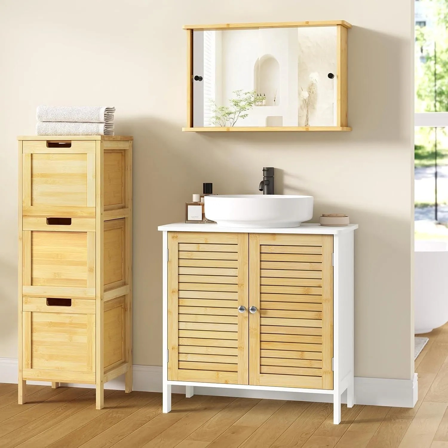 EUGAD Waschbeckenunterschrank aus Bambus, weiß, mit Lamellentüren. Badschrank 60x60x30 cm im Landhausstil.
