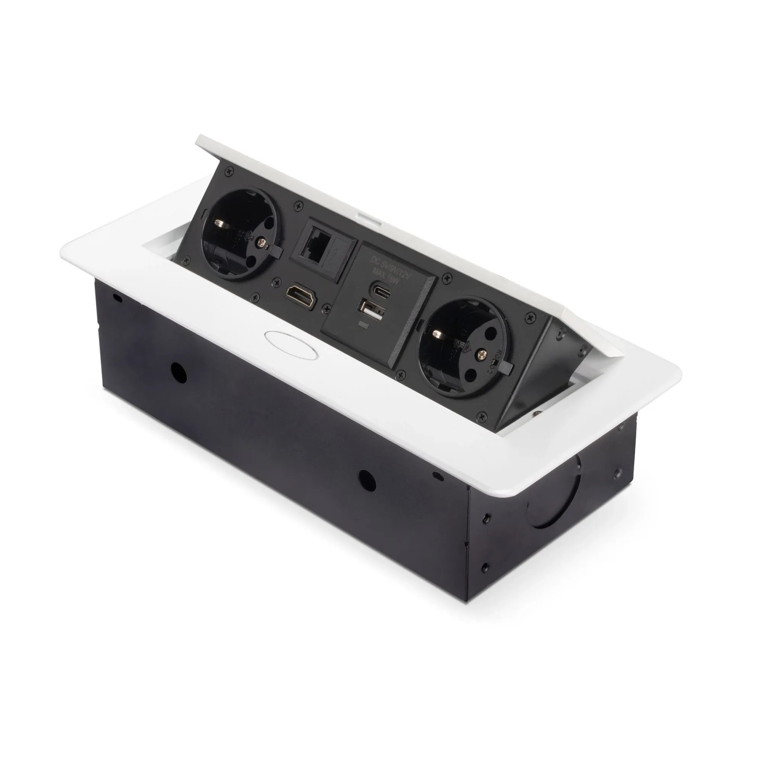 Emuca Multistecker Atom 26 225 x 111 mm 2 Schuko Stecker 1 USB Typ A 1 USB Typ C 1 RJ45 1 HDMI Zamak Stahl Kunststoff Weiß