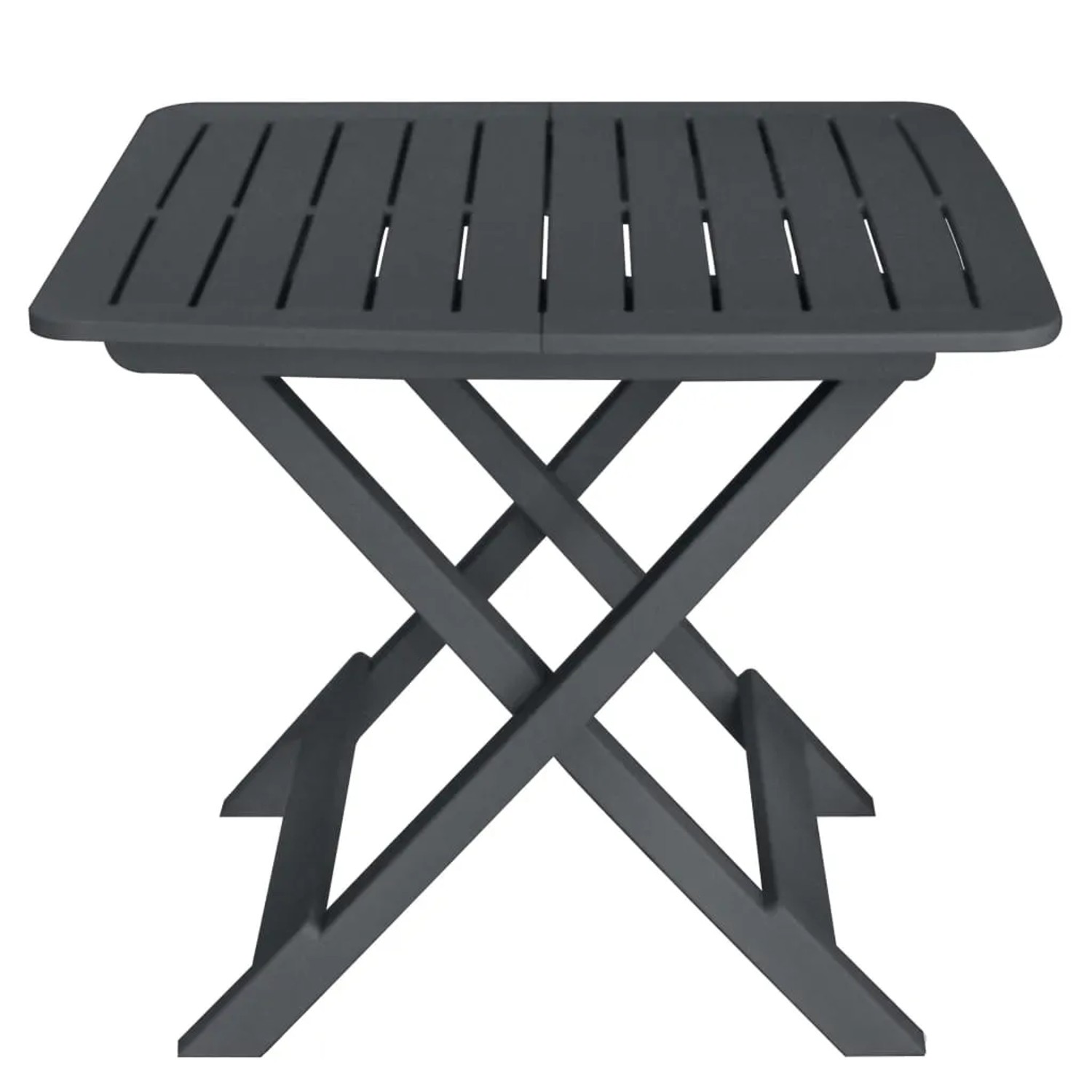 Klappbarer, anthrazitfarbener Tisch aus Kunststoff, Teil des vidaXL Bistro-Sets für Garten und Balkon.