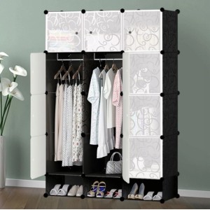 Großer modularer Kleiderschrank Rebiko in Schwarz-Weiß mit 12 Fächern, Kleiderstange und Schuhablage.