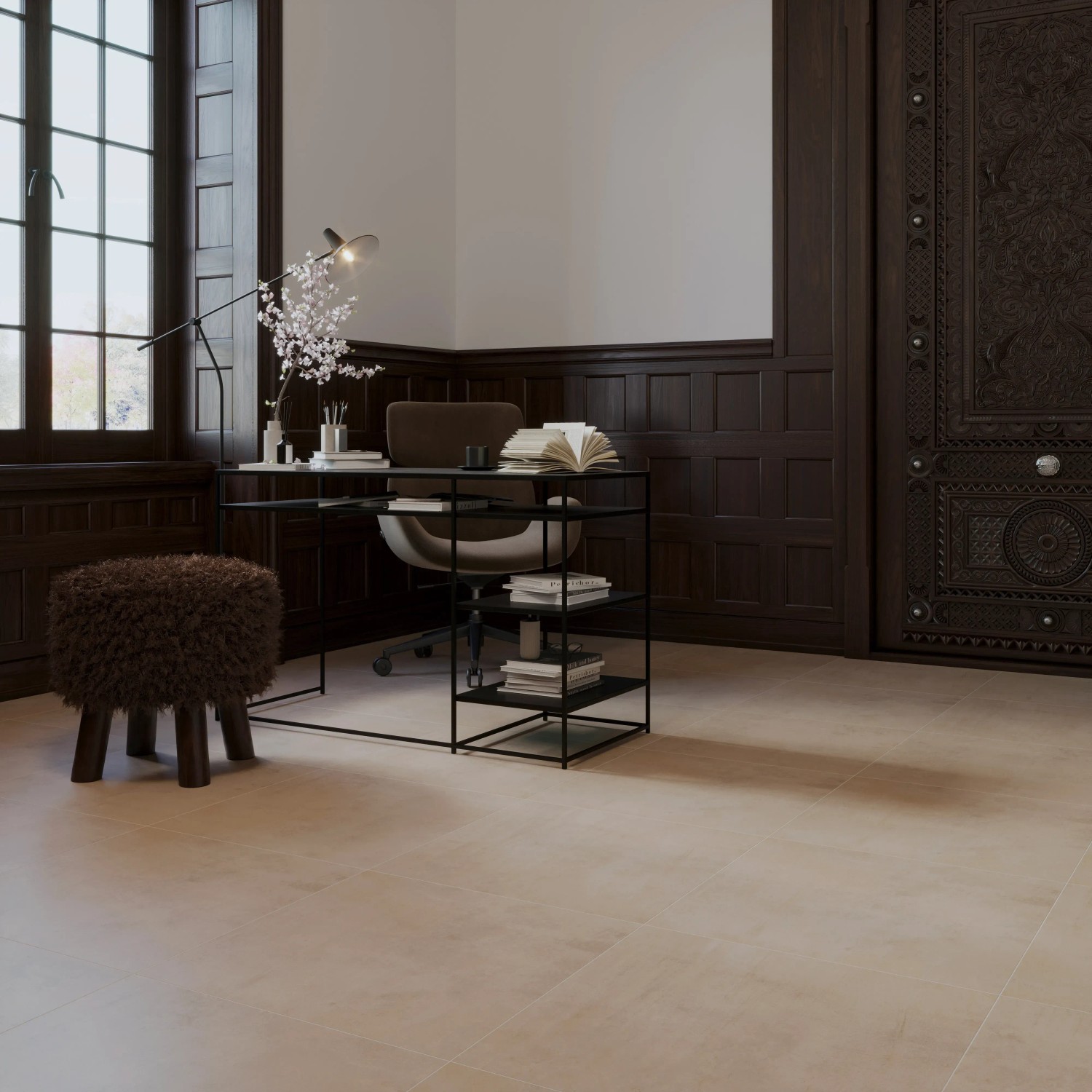 Verlegte, matte Bodenfliese Denver Feinsteinzeug in Taupe, 60x60 cm, im modernen Arbeitszimmer.