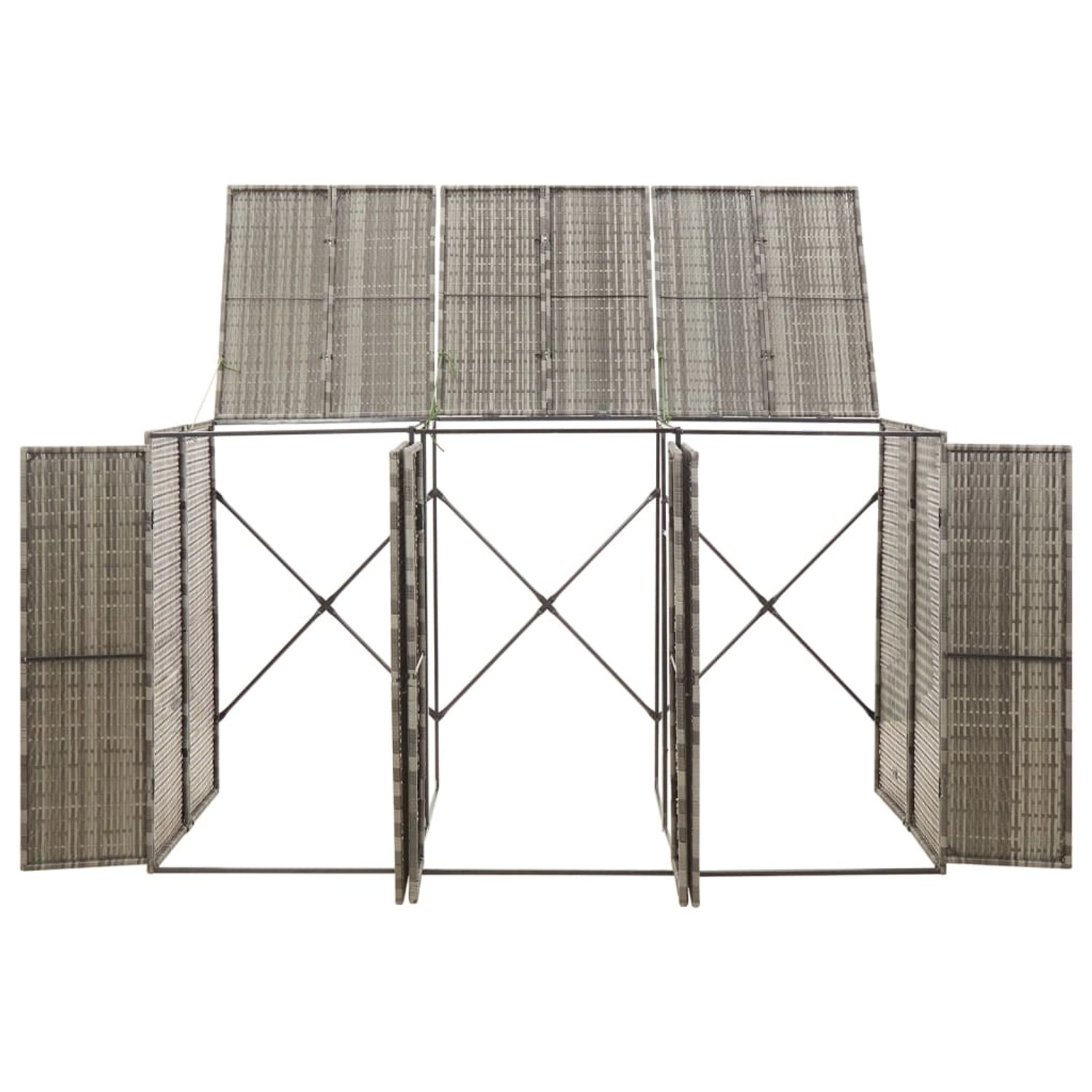 Graue vidaXL Mülltonnenbox für 3 Tonnen aus Poly Rattan, ideal zur Aufbewahrung im Garten.