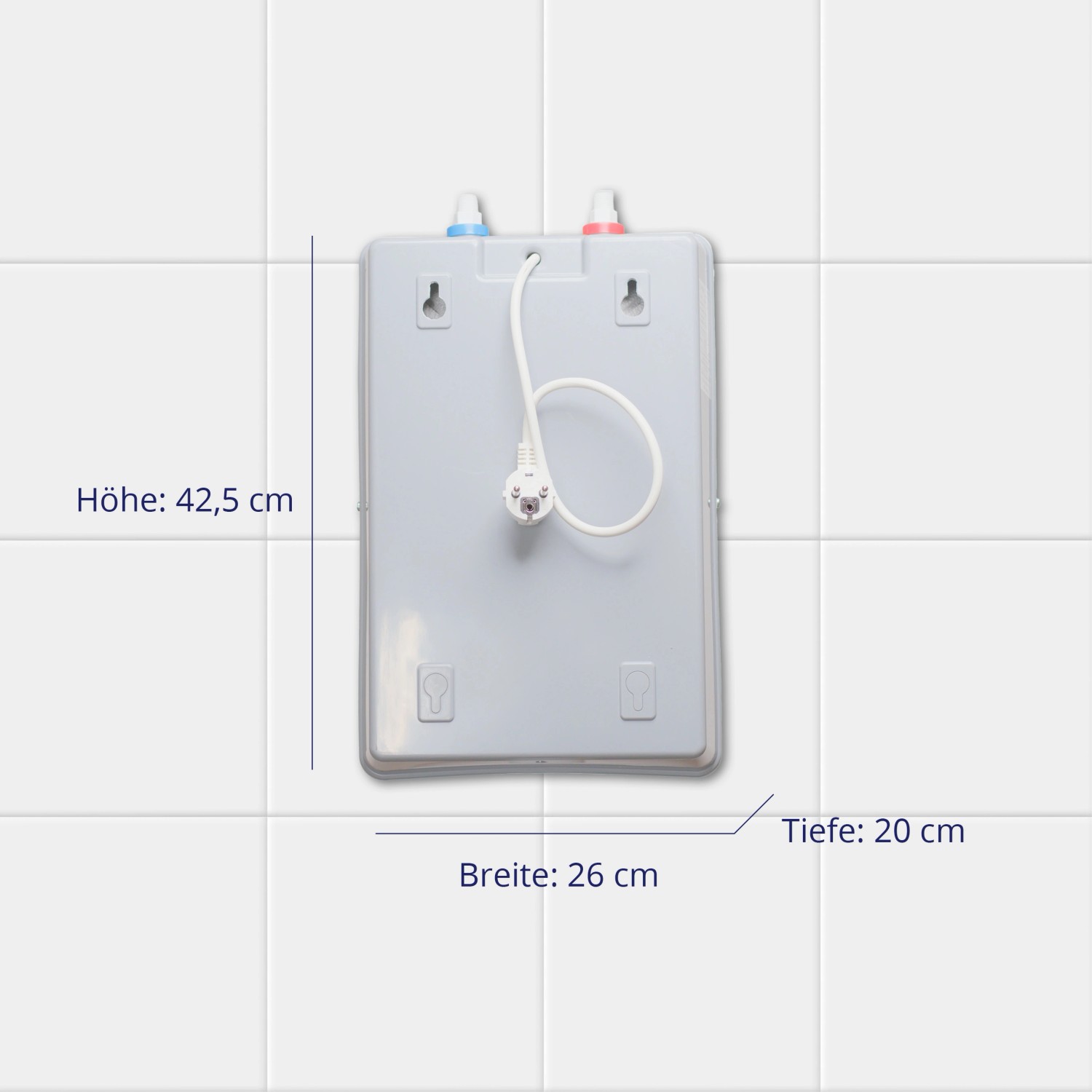 SaniSelf Kleinspeicher UTS-5 Basis Untertisch, 5 l, Rückansicht mit Maßangaben.