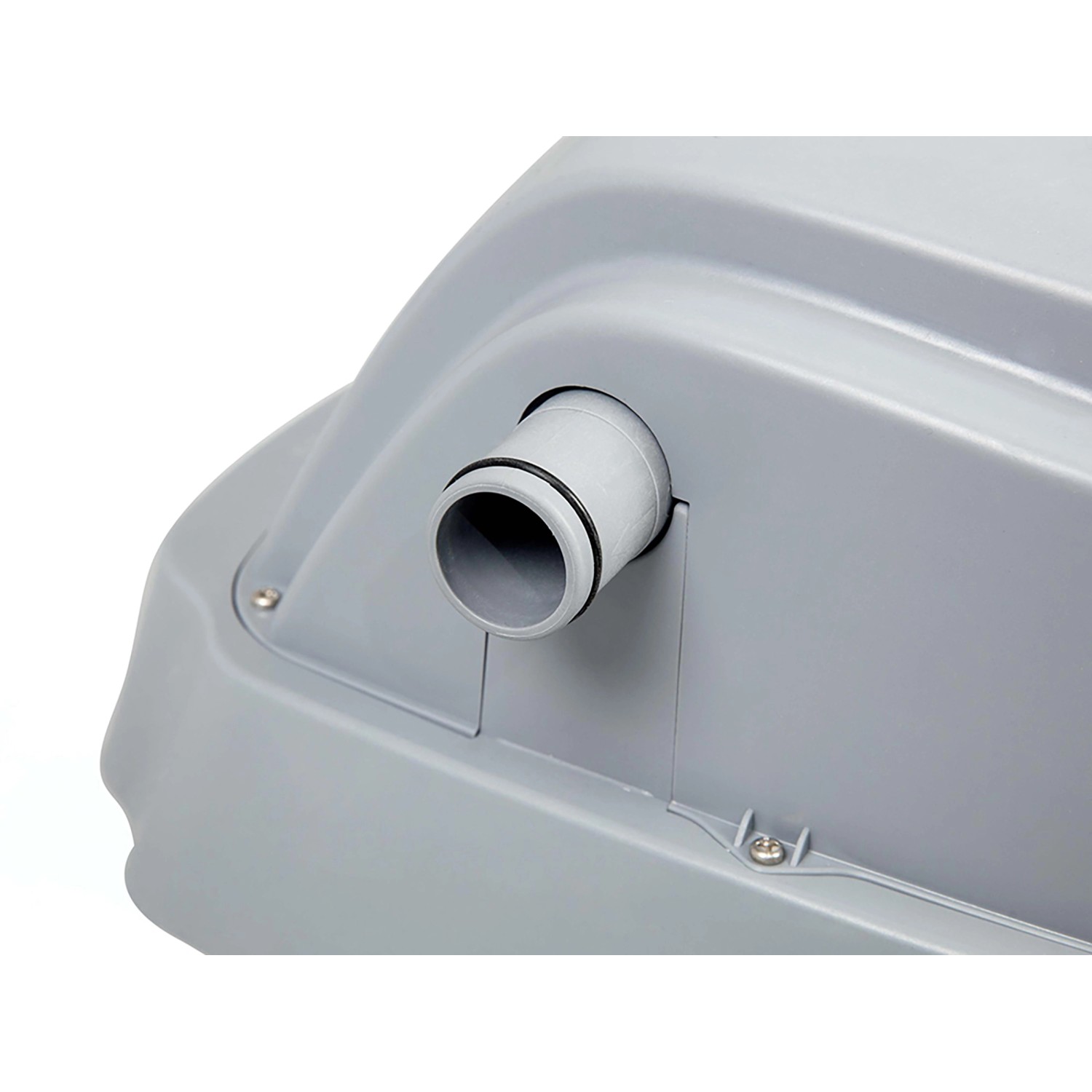 Detailaufnahme: Bestway Poolheizgerät, graues Gehäuse mit Schlauchanschluss.