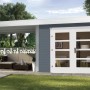 Modernes, graues Weka Holz-Gartenhaus mit Flachdach und überdachter Terrasse. Ideal als Gerätehaus oder Gartenlaube.