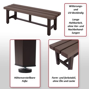 Braune MCW Alu Gartenbank K60 WPC 120cm mit Lattenrost-Sitzfläche und verstellbaren Füßen.