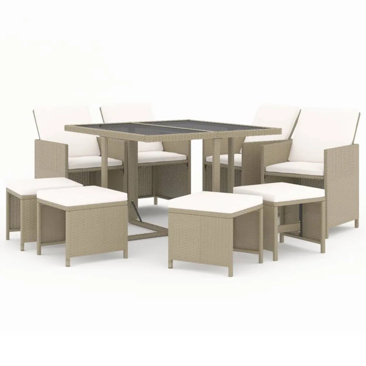 vidaXL 9-tlg Garten-Essgruppe mit Kissen Poly Rattan Beige Modell 4