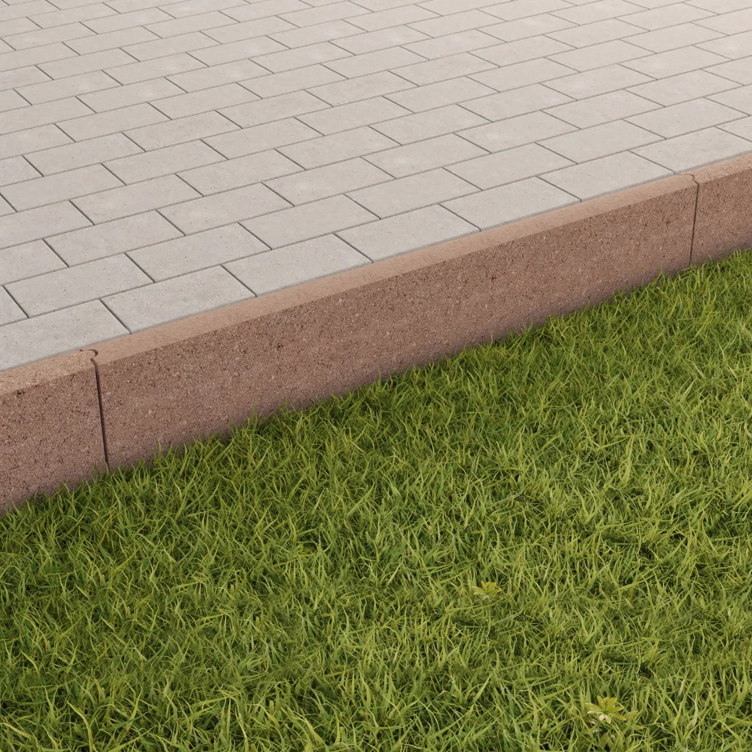 Abgerundeter, brauner Rasenkantenstein aus Beton (100x25x5 cm) als Beet- und Wegeinfassung.