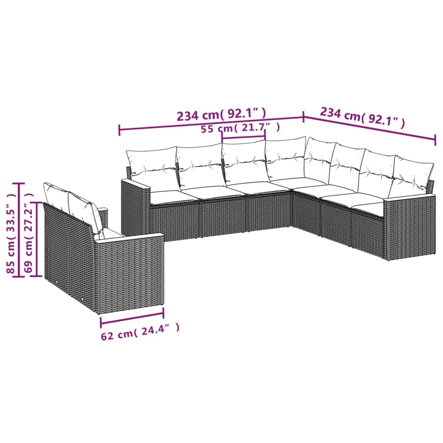vidaXL 9-tlg. Garten-Sofagarnitur aus Rattan, schwarz, mit Kissen und Maßangaben.
