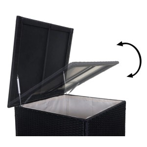 Detailaufnahme: Staufach der anthrazitfarbenen Poly-Rattan-Garnitur mit geöffnetem Deckel.