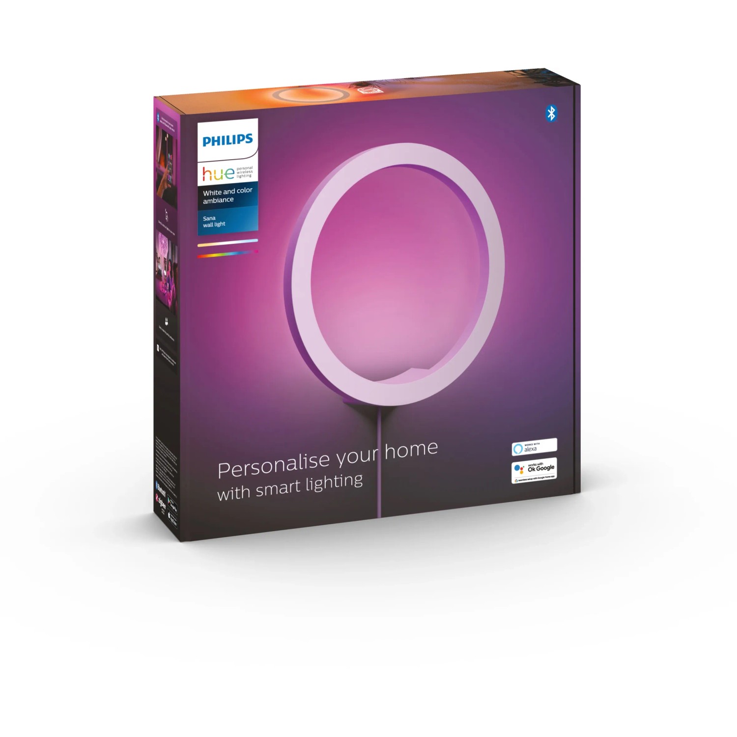 Verpackung der Philips Hue Wandleuchte Sana, weiße runde LED-Leuchte mit Farbwechsel.