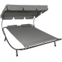 Graue Tectake Gartenliege Livorno für 2 Personen mit schwarzem Metallgestell, verstellbarem Sonnendach und Kissen.