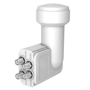 Weißes Hama Universal-Quattro-LNB für Antennen, mit vier Ausgängen für digitalen SAT-Empfang.